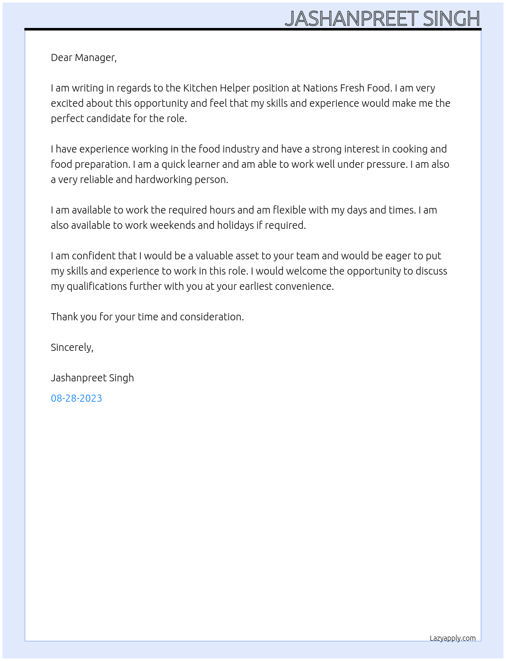 Kitchen Helper At Nations Fresh Food Cover Letter