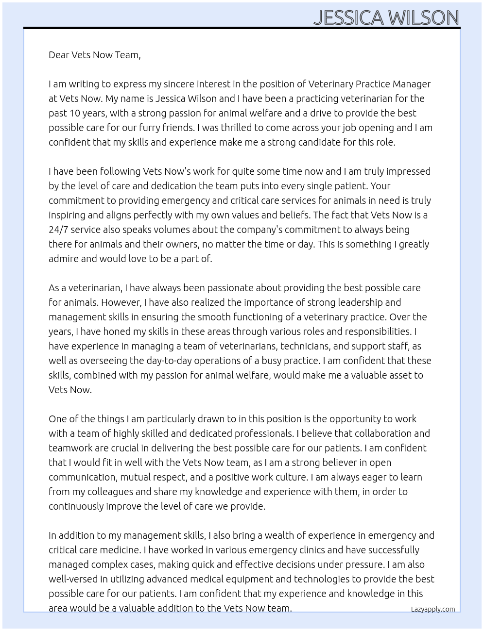 Veterinary Practice Manager At Vets Now Cover Letter