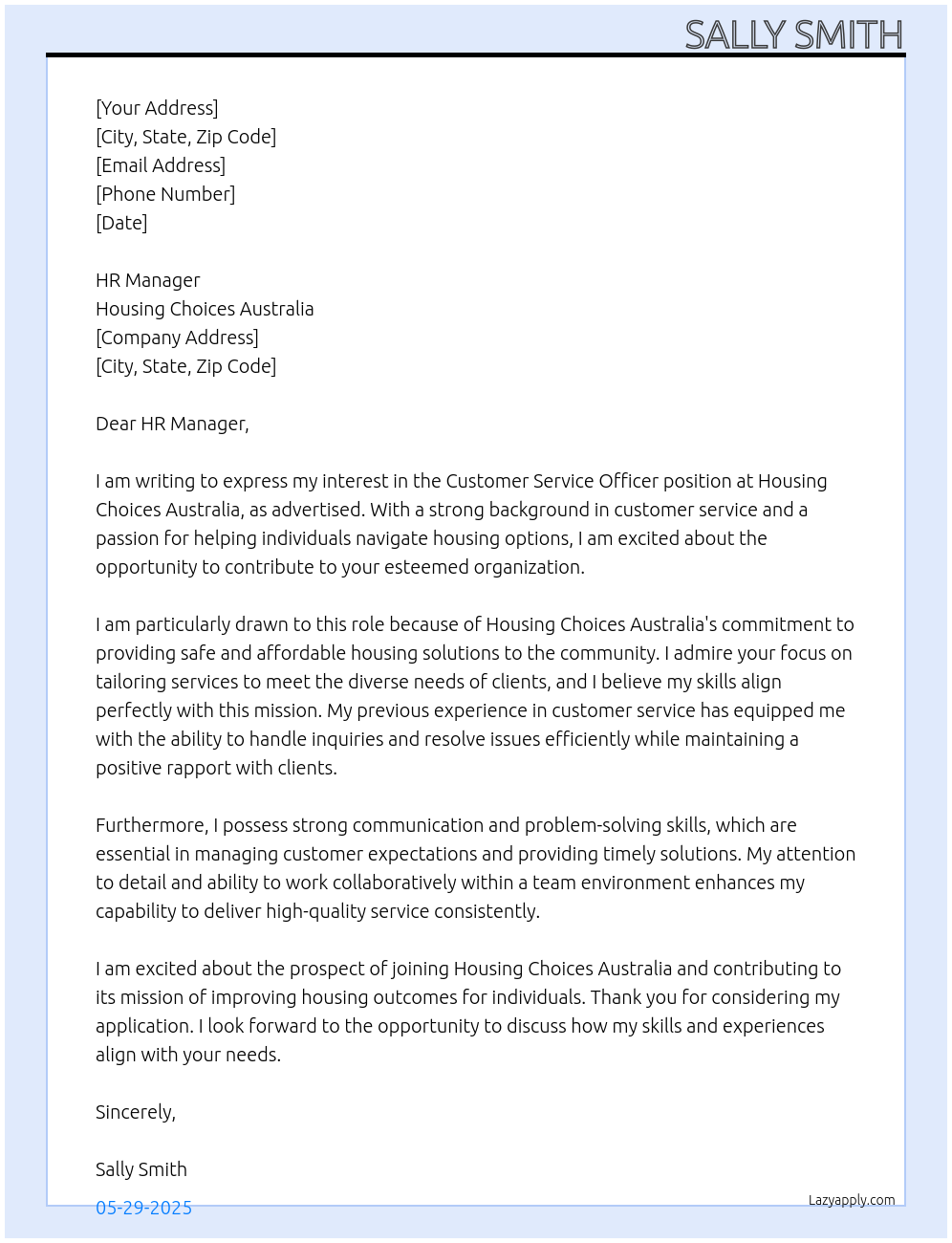 customer service officer At Housing Choices Australia Cover Letter