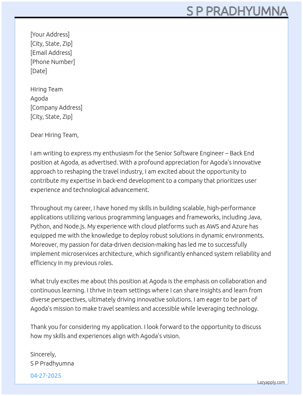 Cover letter for senior software engineer – back end - LazyApply