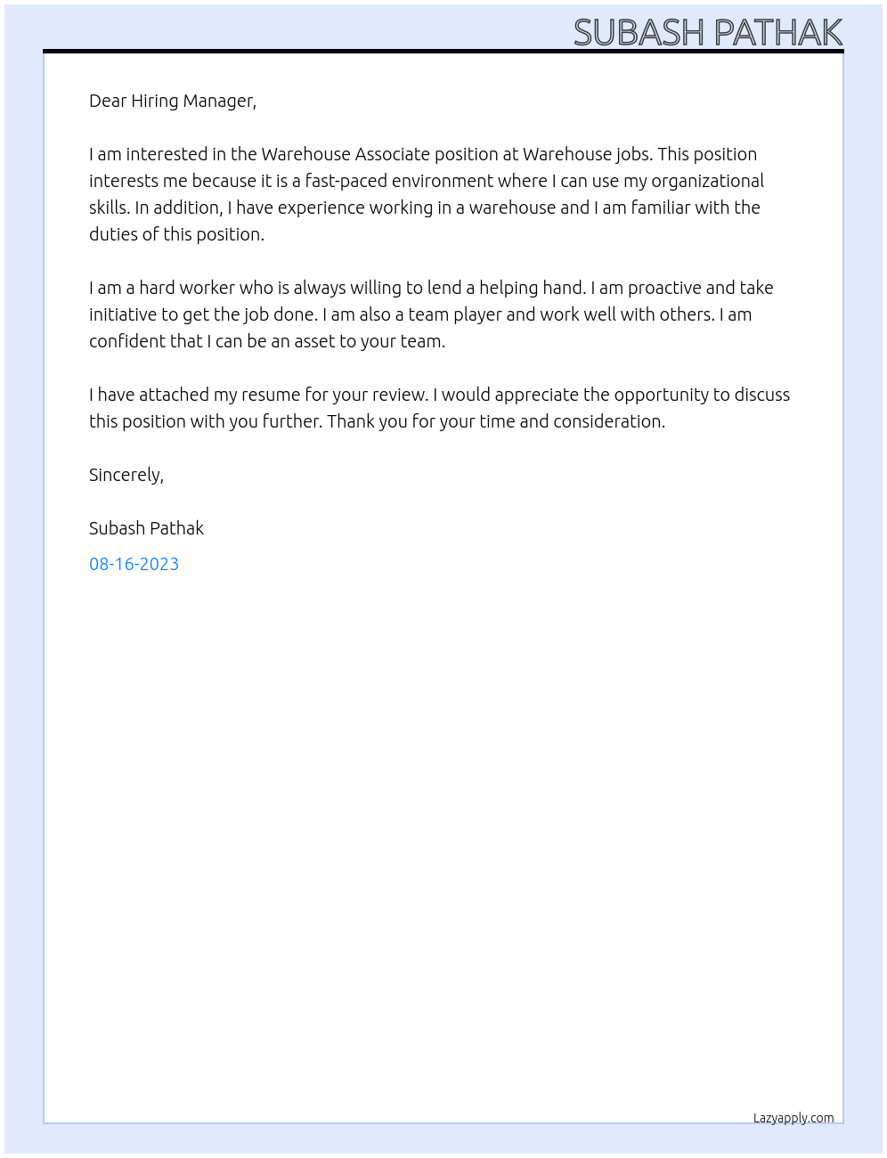 Warehouse Associate At Warehouse jobs Cover Letter