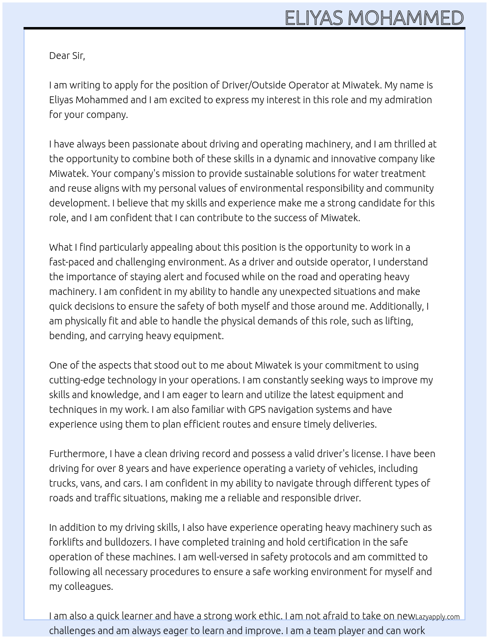 Driver/outside operator At Miwatek Cover Letter