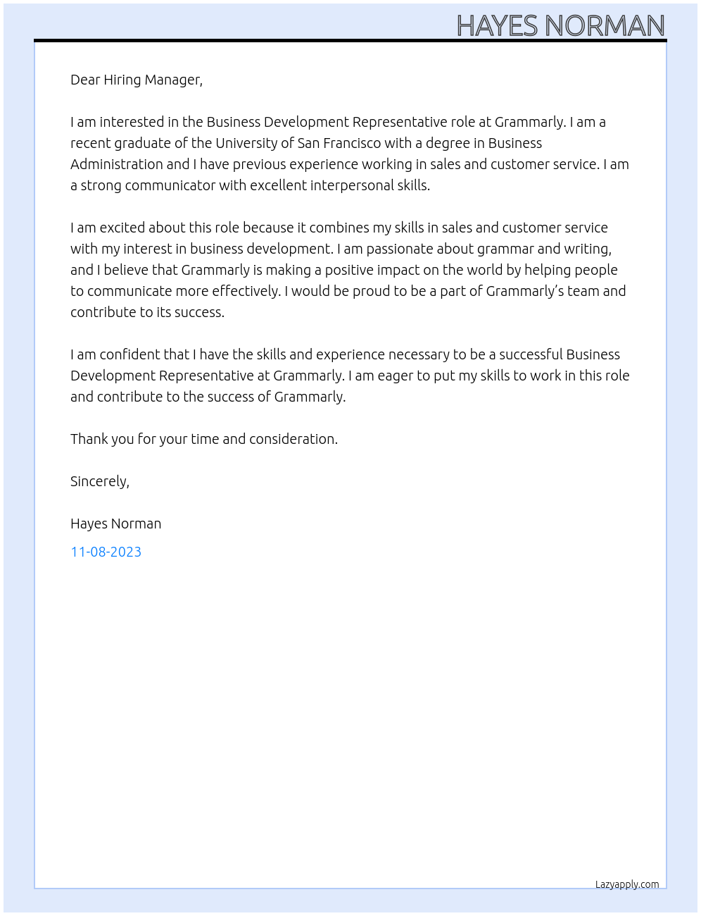 Business Development Representative At Grammarly Cover Letter