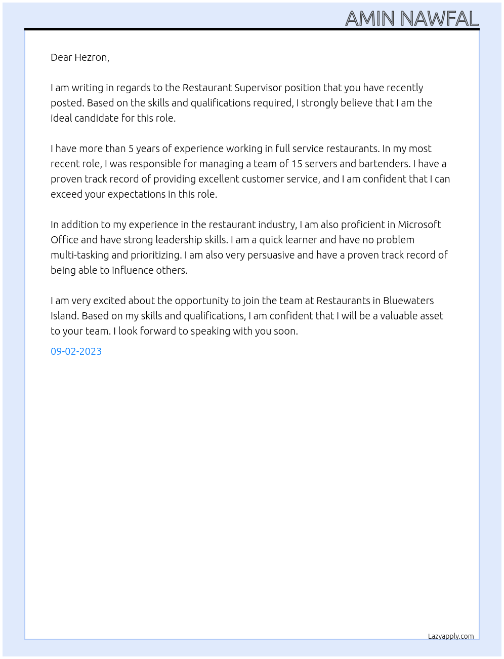 Restaurant Supervisor At Restaurants in Bluewaters Island Cover Letter