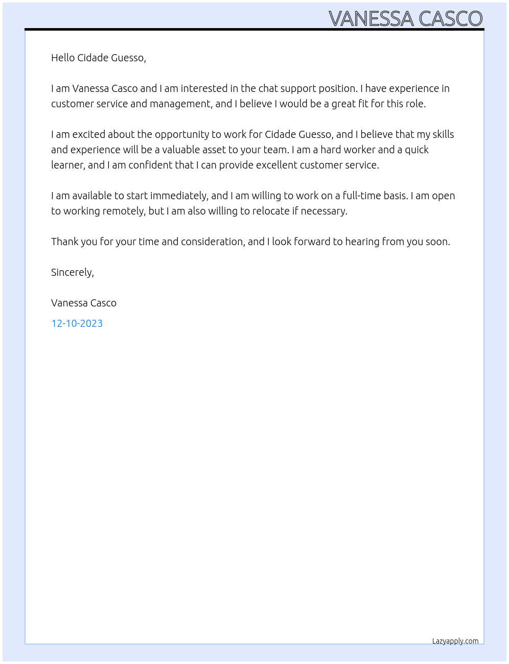 Chat support At Cidade Guesso Cover Letter