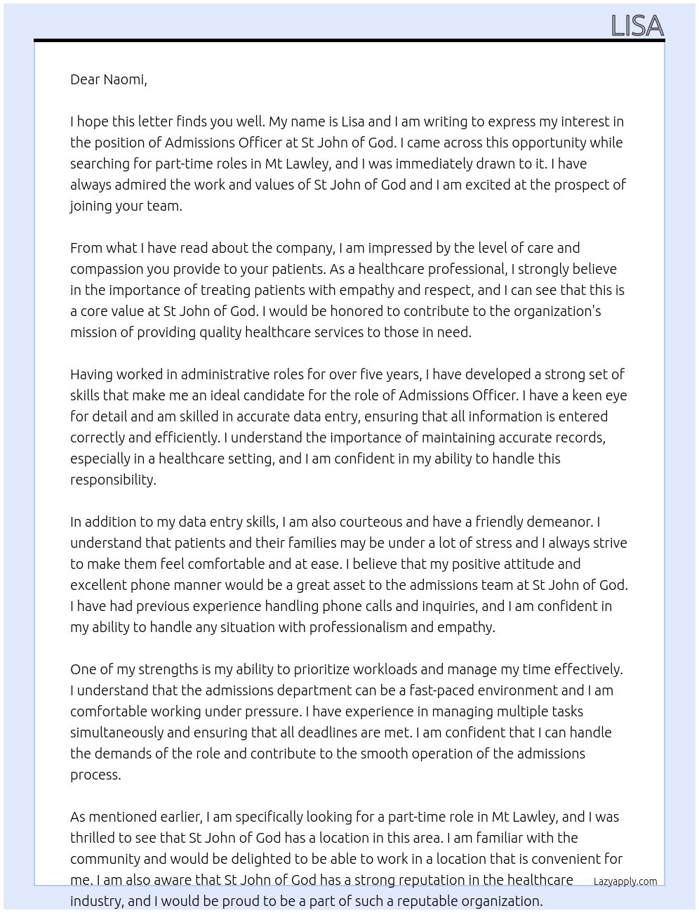 Admissions Officer At St John of God Cover Letter