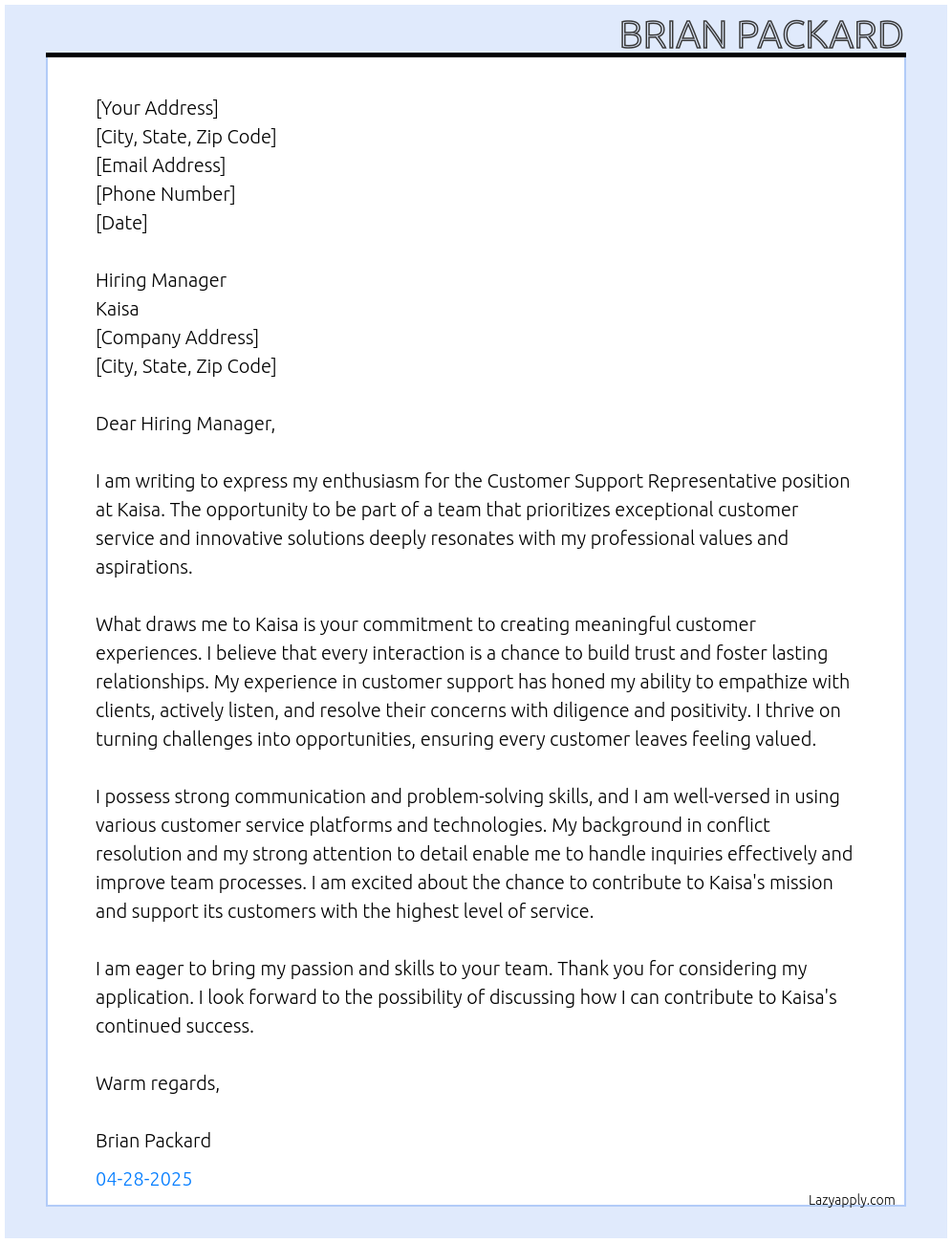 Customer Support Representative At Kaisa Cover Letter