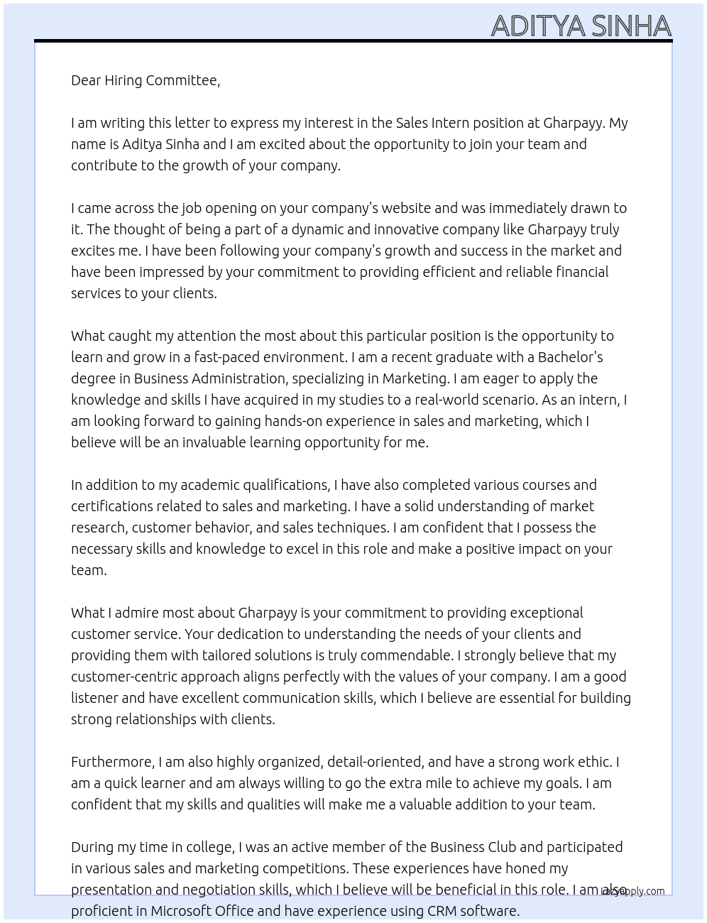 Sales Intern At Gharpayy Cover Letter