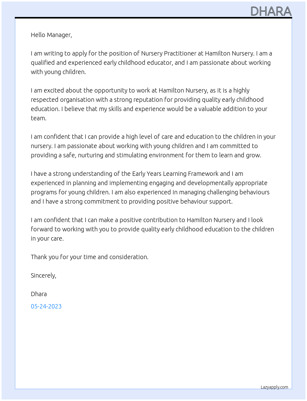 Nursery Practitioner At Hamilton Nursery Cover Letter