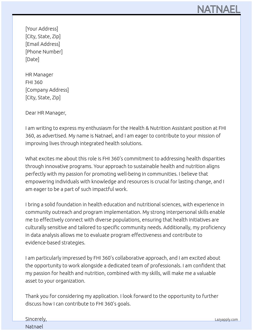 Health &nutrition assistant At FHI 360 Cover Letter