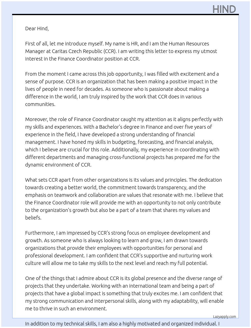 Finance coordinator) At Caritas Czech Republic (CCR) Cover Letter