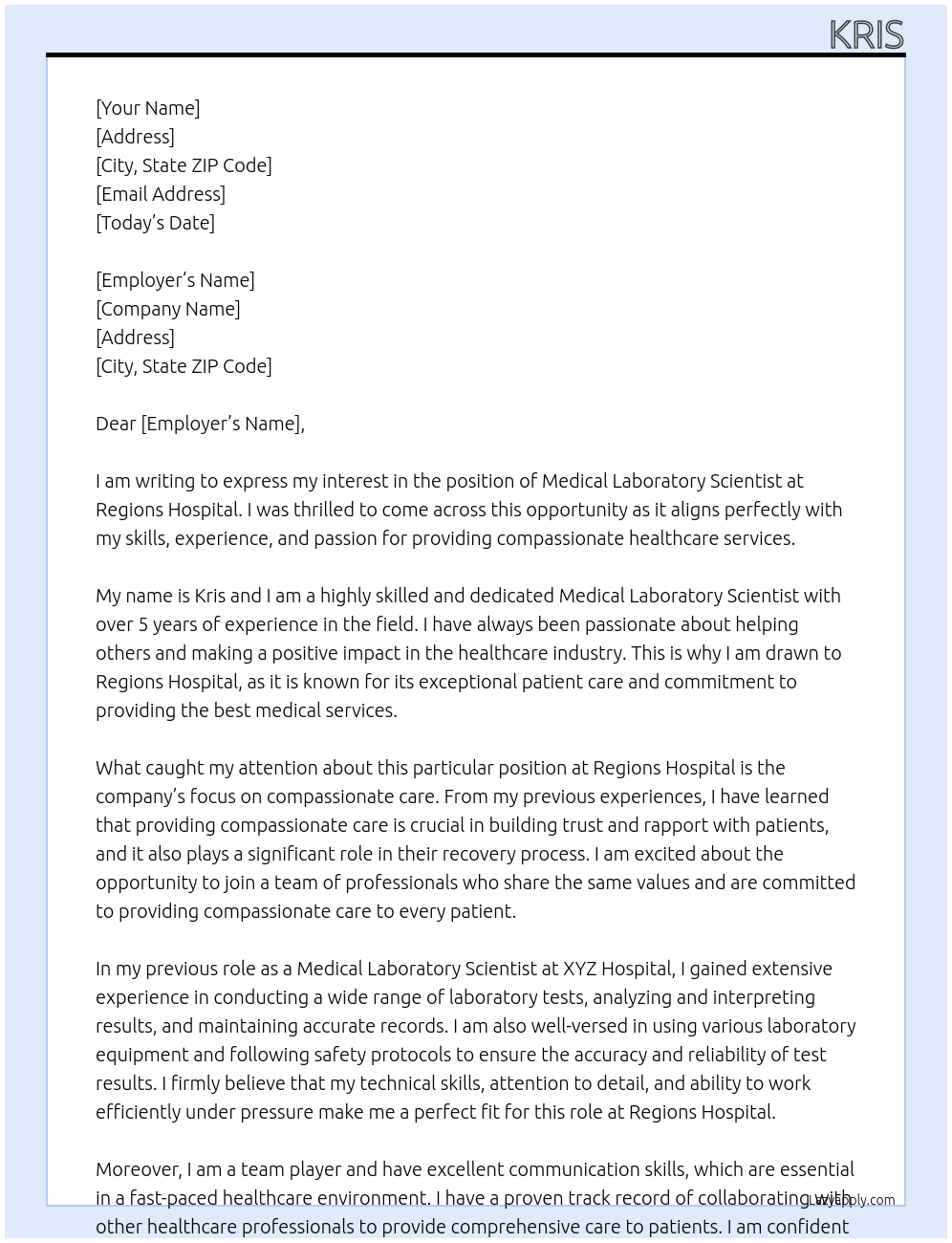 Medical Laboratory Scientist At Regions Hospital Cover Letter