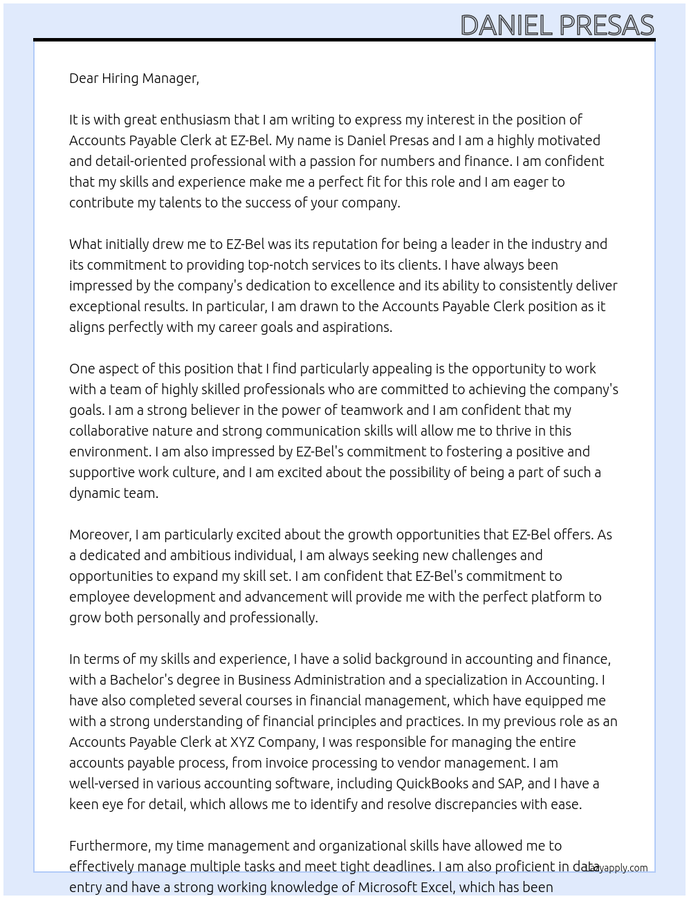 Accounts Payable Clerk At EZ-Bel Cover Letter
