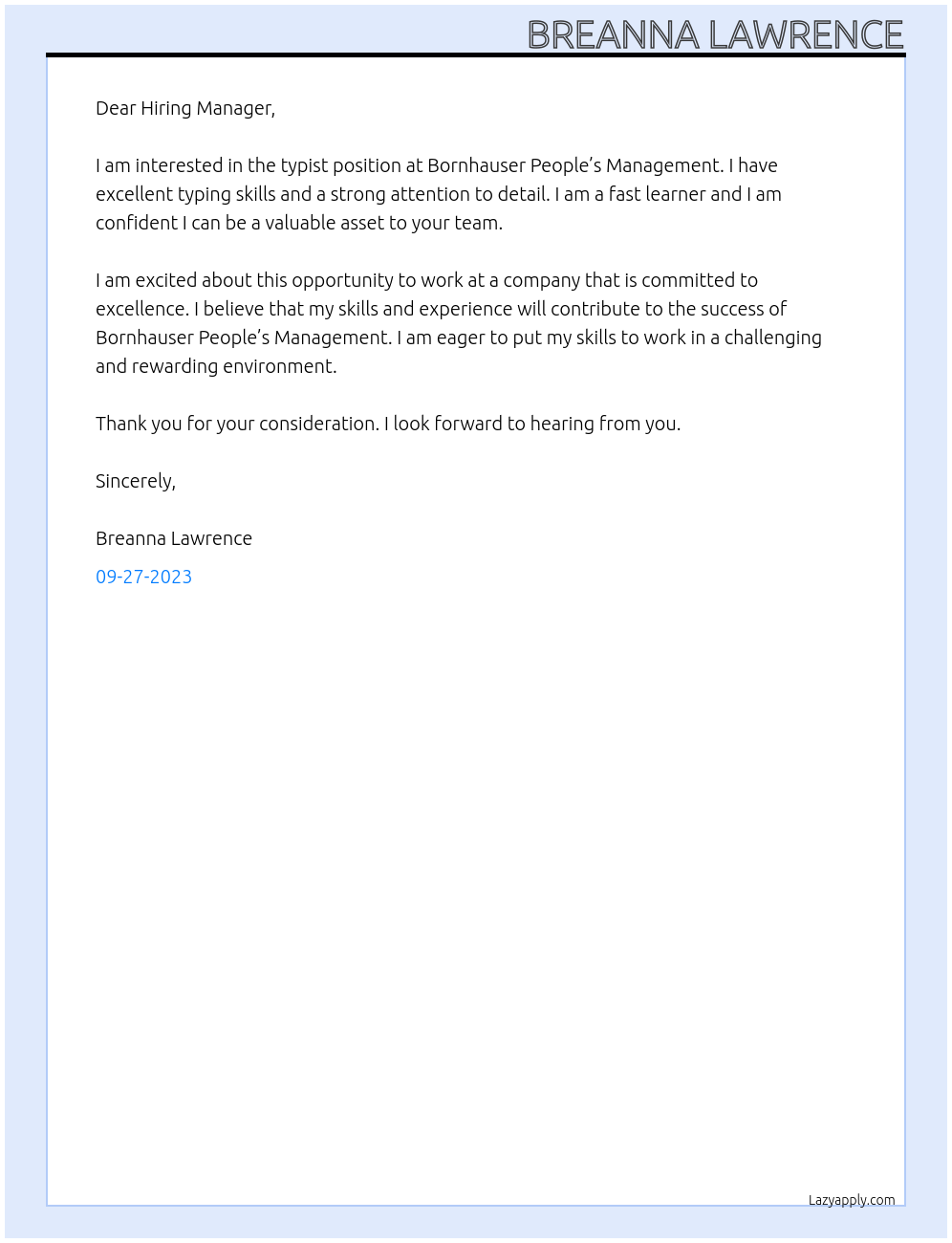 Typist At Bornhauser People’s Management Cover Letter