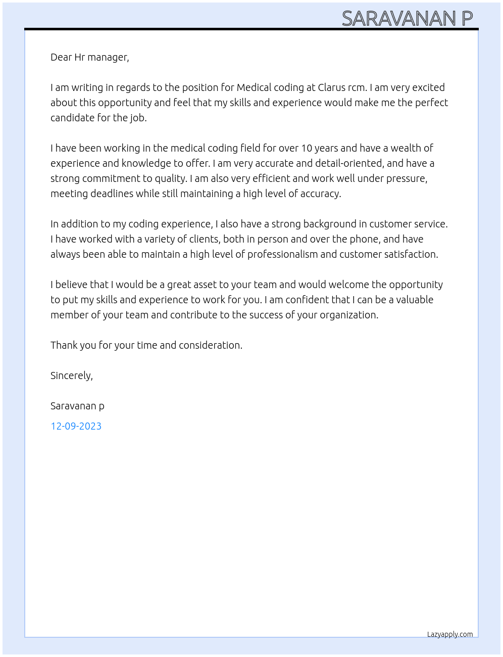 Medical coding  At Clarus rcm  Cover Letter