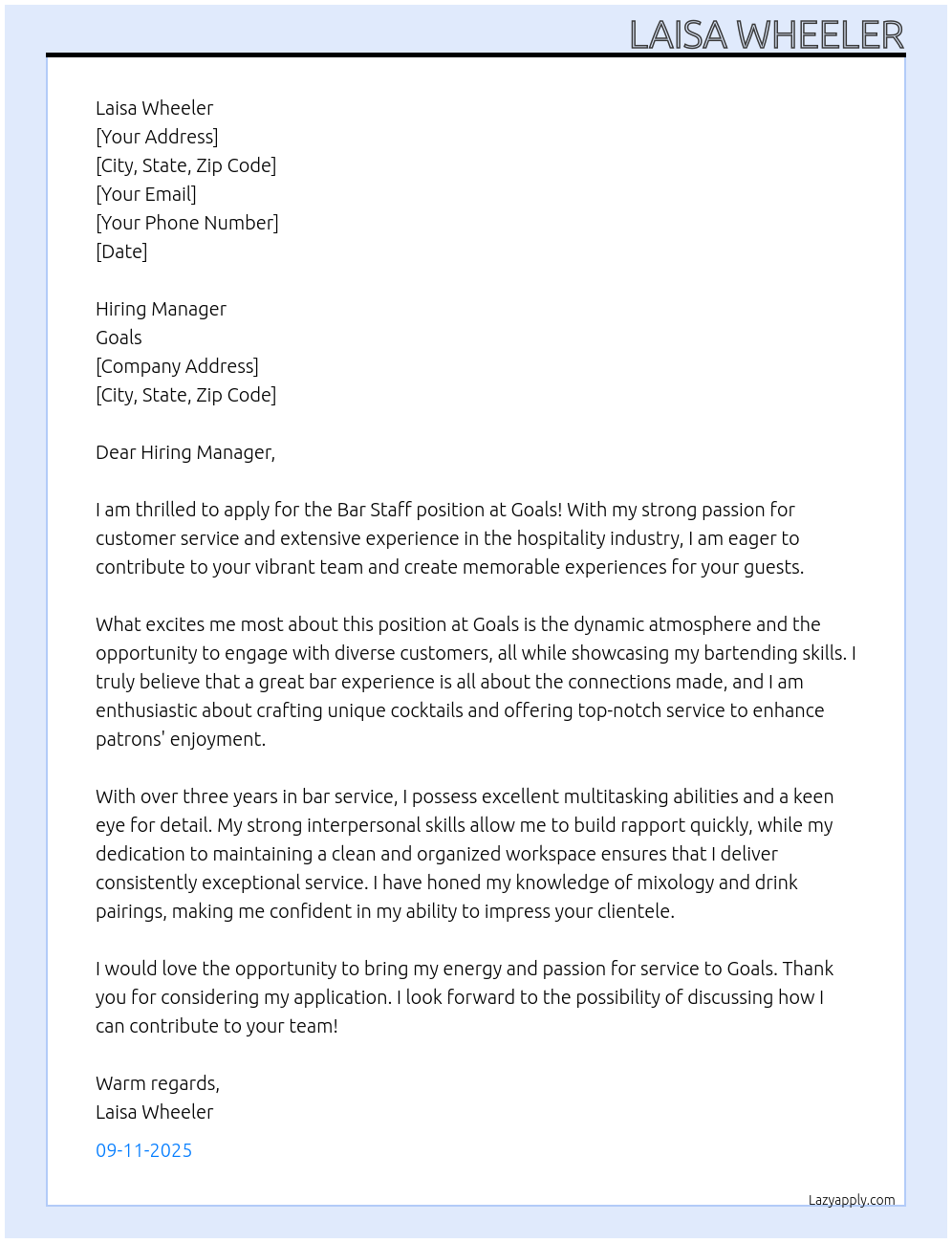 Cover letter for bar staff - LazyApply