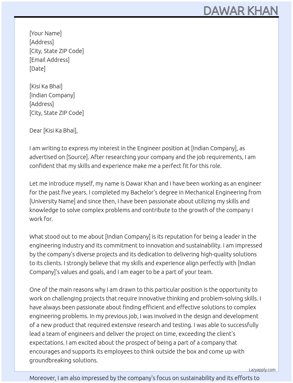 engineer At indian Cover Letter