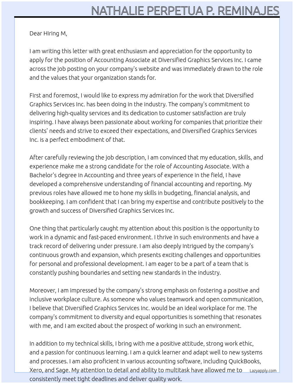 Accounting Associate At Diversified Graphics Services Inc. Cover Letter