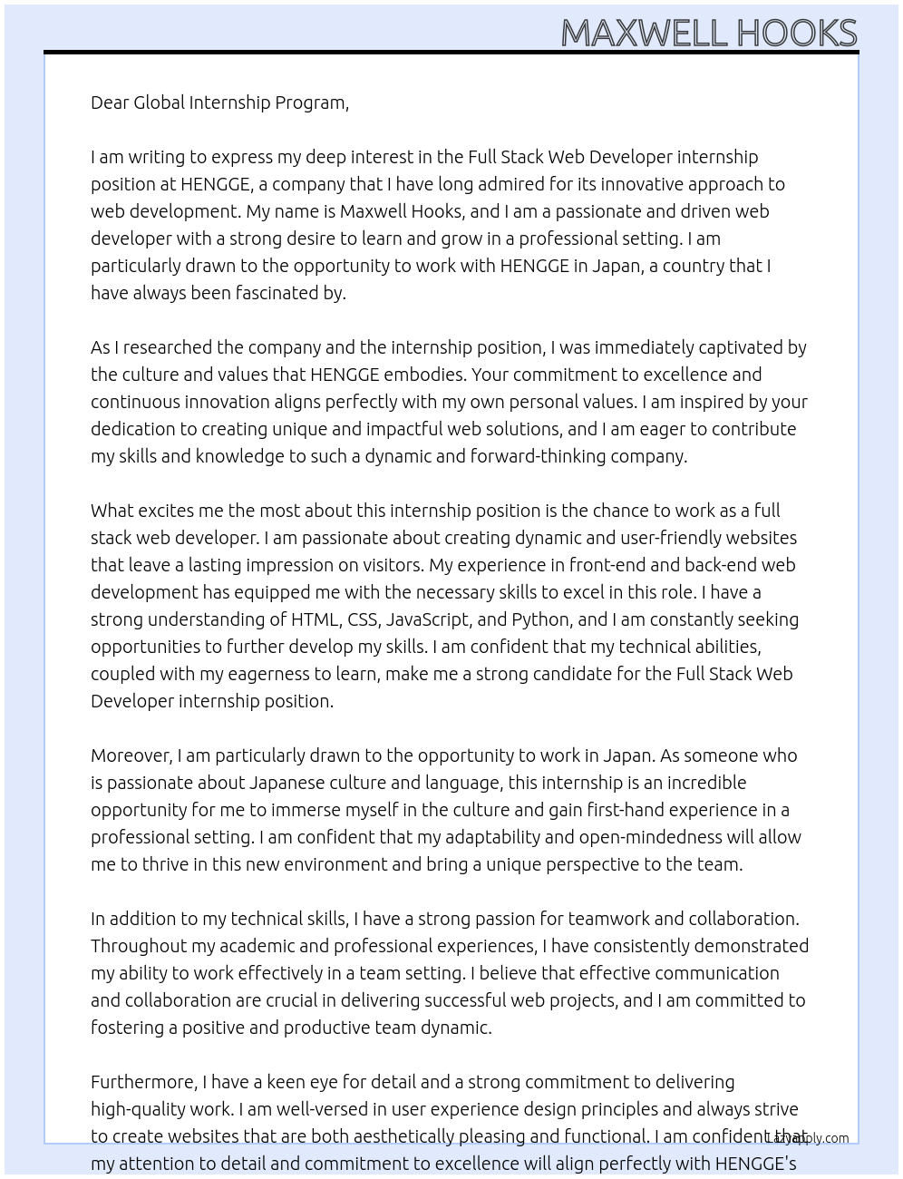 FULL STACK WEB DEVELOPER At HENGGE Cover Letter