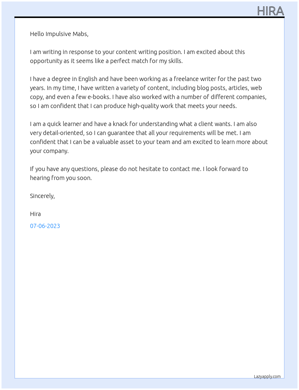 content writing At impulsive mabs Cover Letter