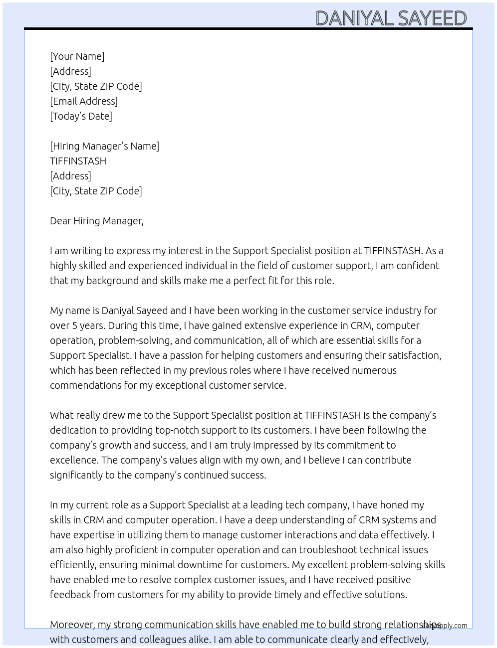 Support Specialist At TIFFINSTASH Cover Letter