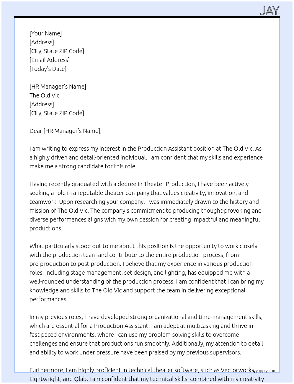 Production Assistant At The Old Vic Cover Letter