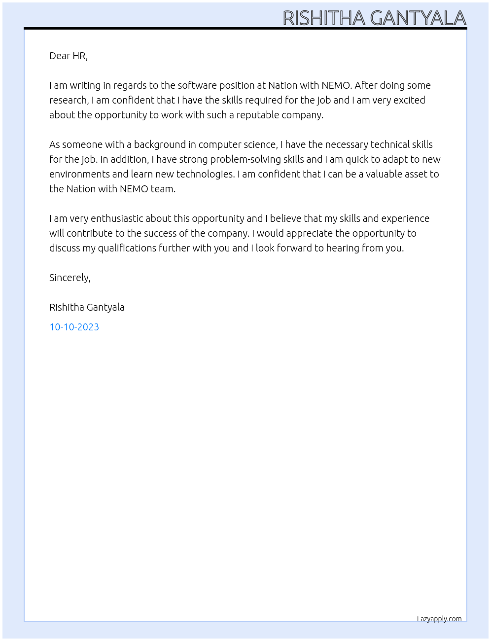 software At Nation with NEMO Cover Letter