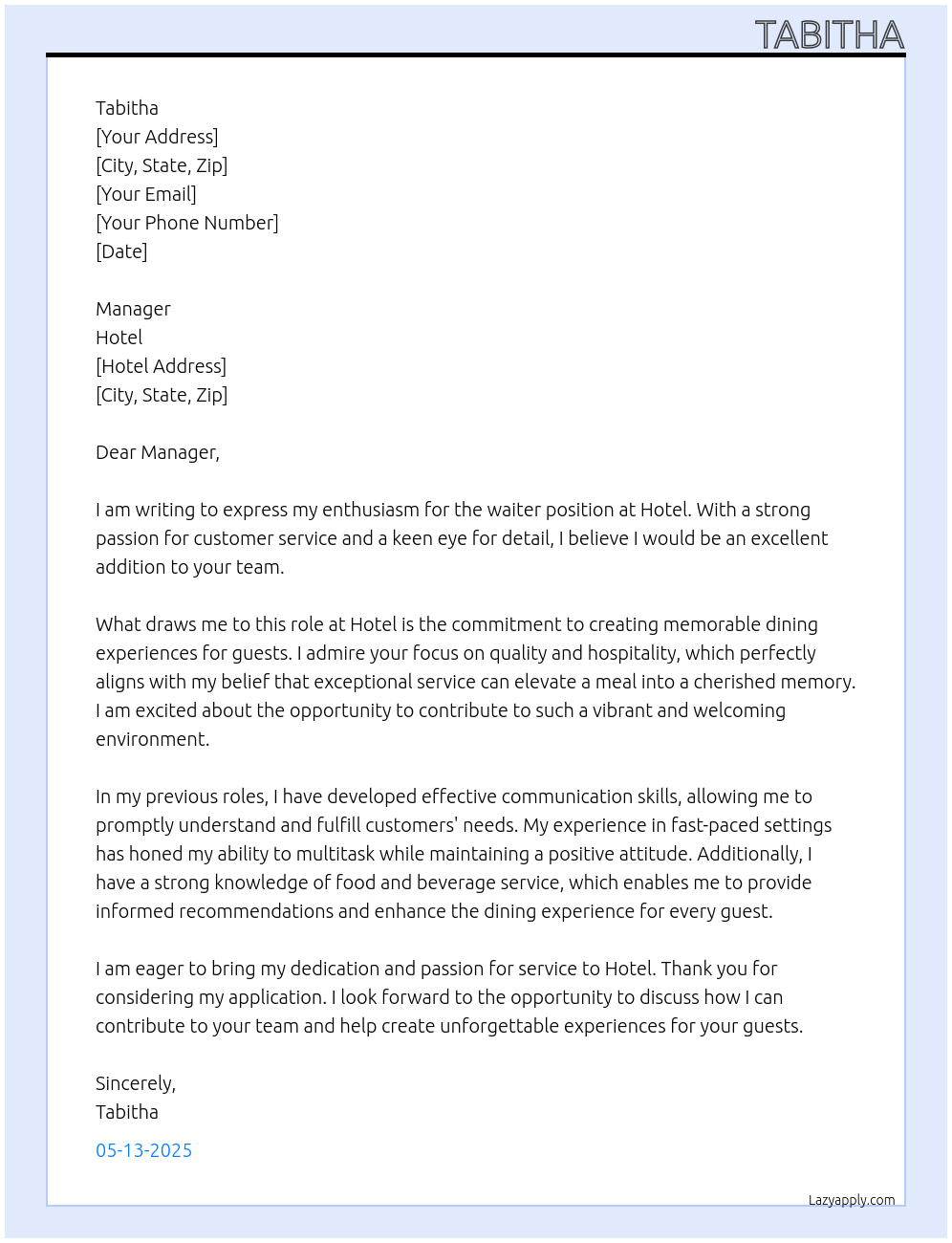 waiter At hotel Cover Letter