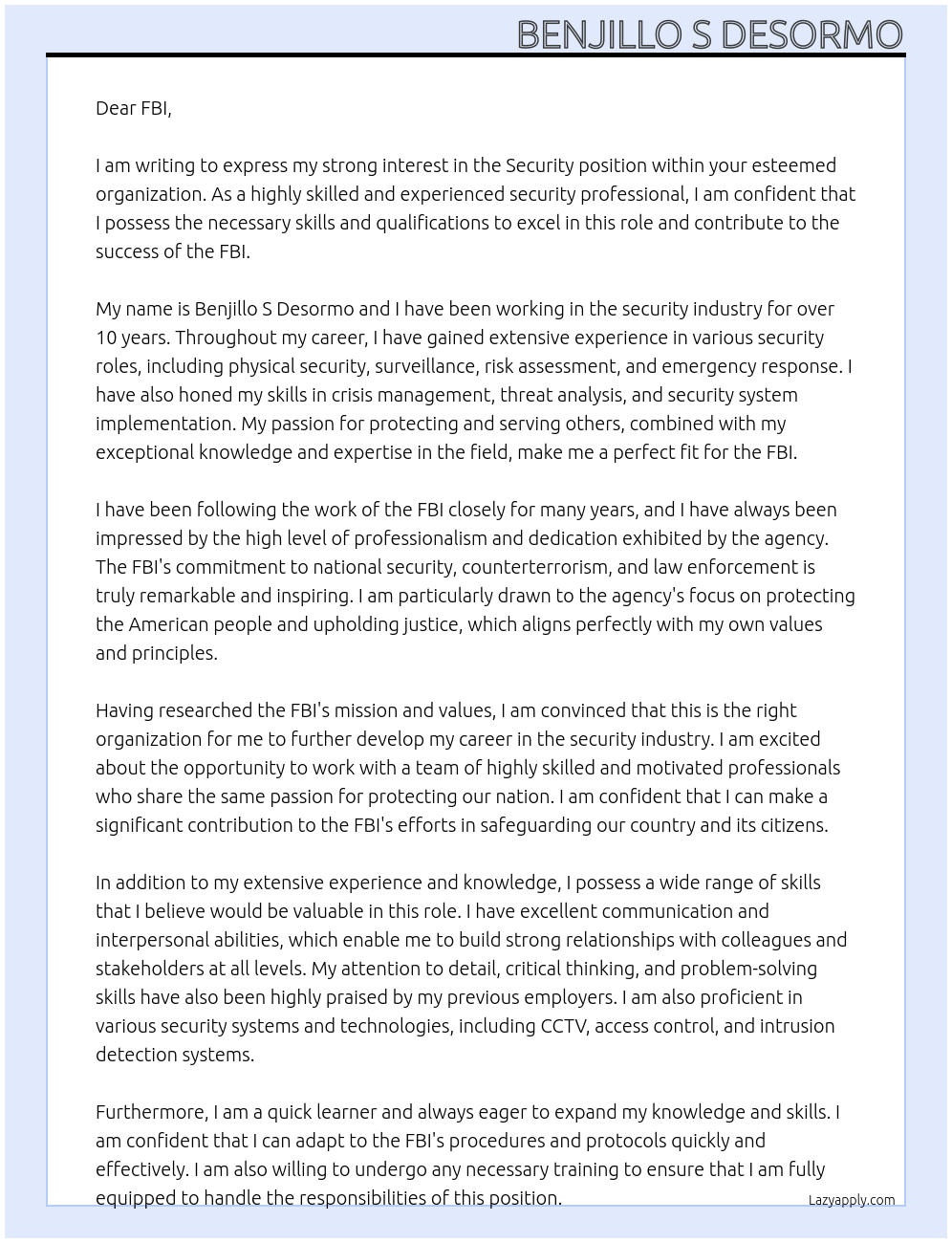 security At fbi Cover Letter