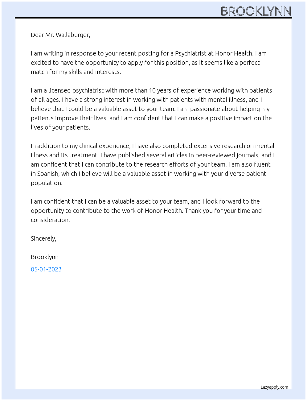 Psychiatrist At Honor Health Cover Letter