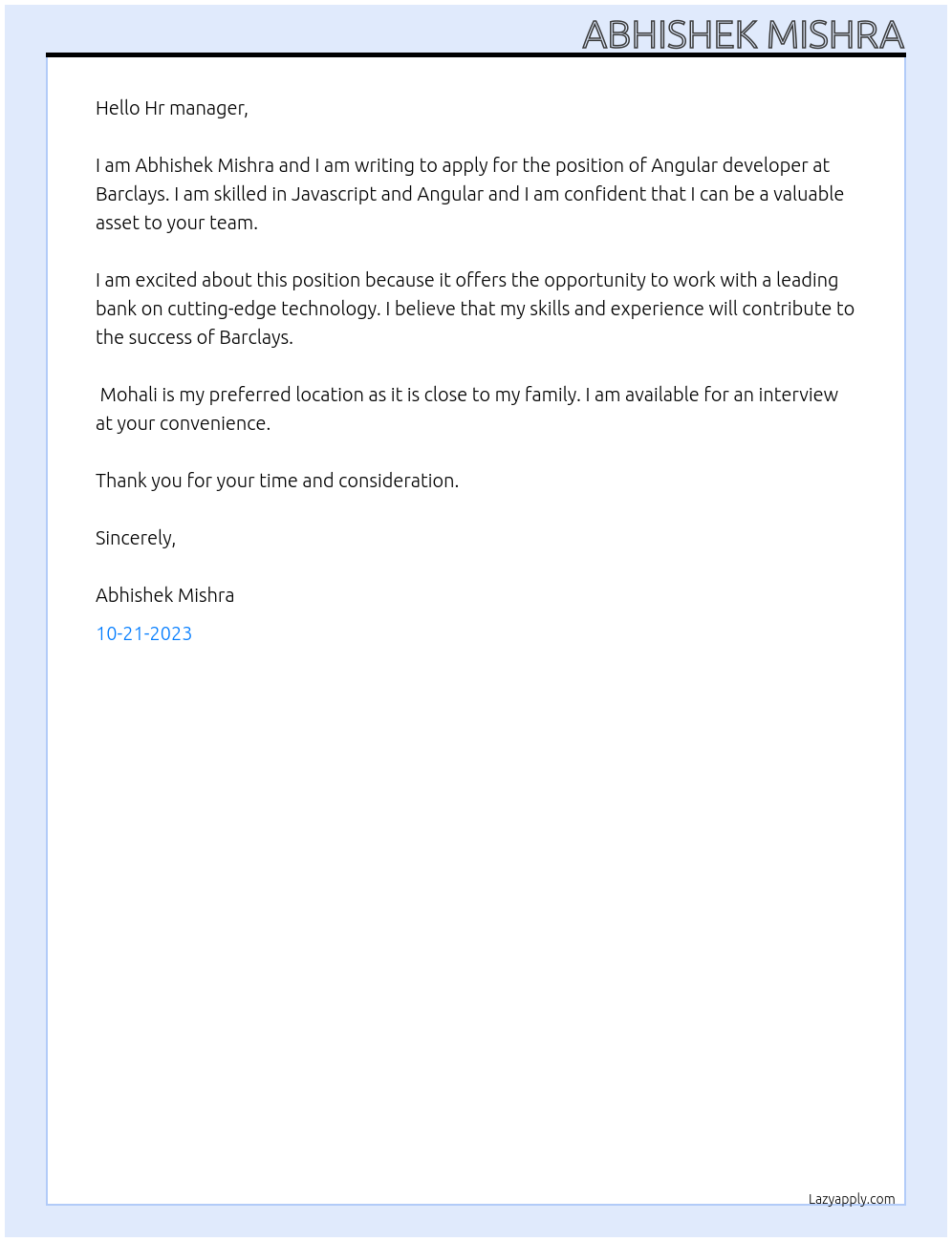 Angular developer At Barclays Cover Letter