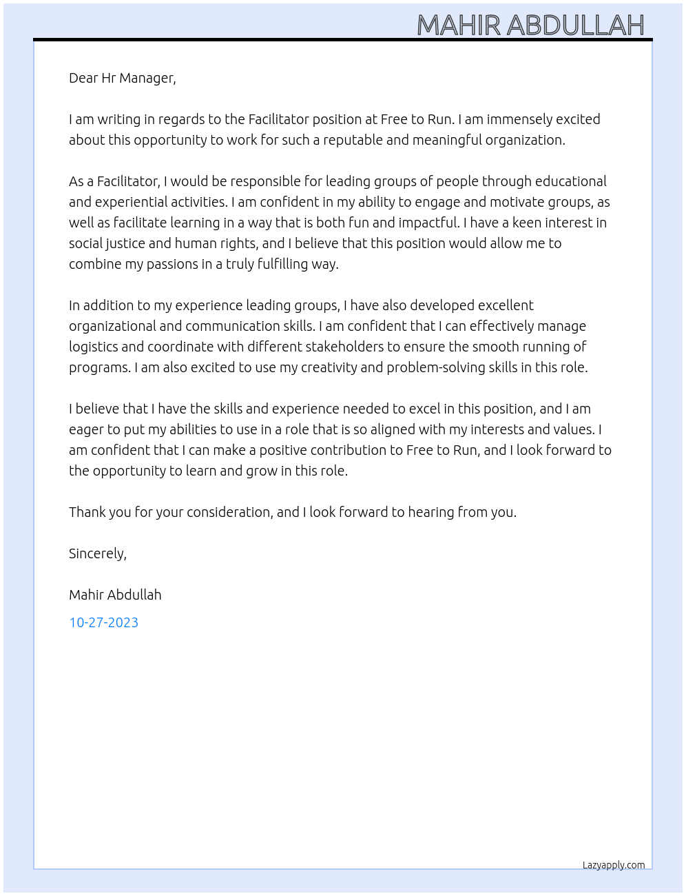 Facilitator  At Free to Run Cover Letter