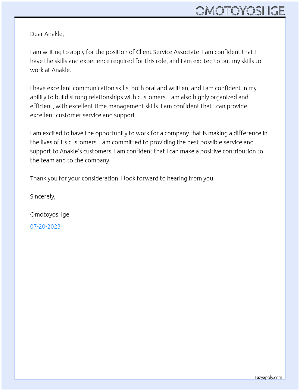 Client service associate  At Anakle Cover Letter