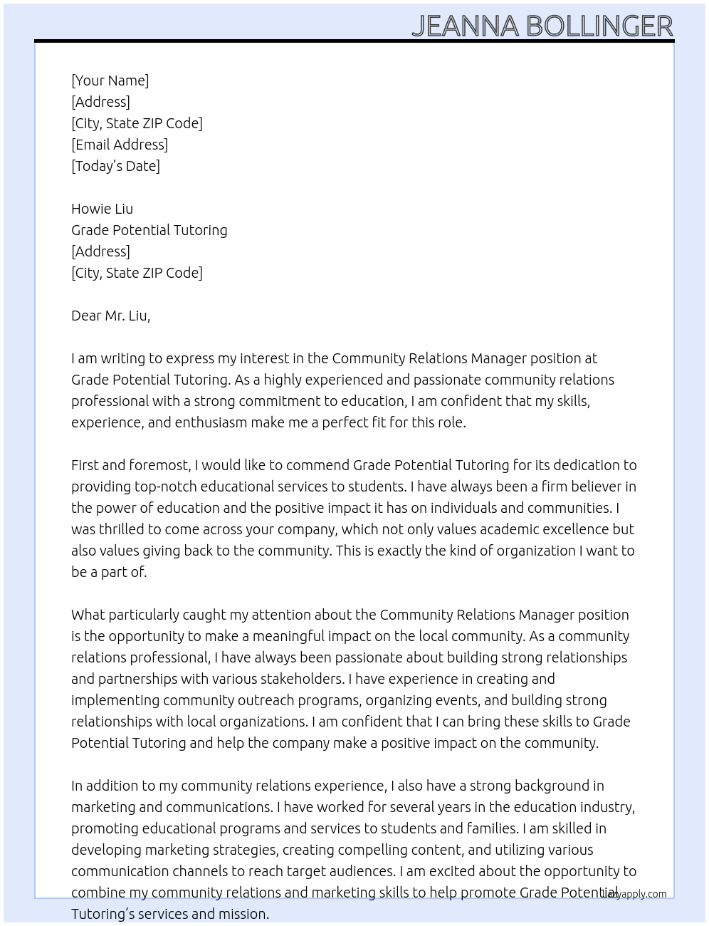 Community Relations Manager At Grade potential tutoring  Cover Letter