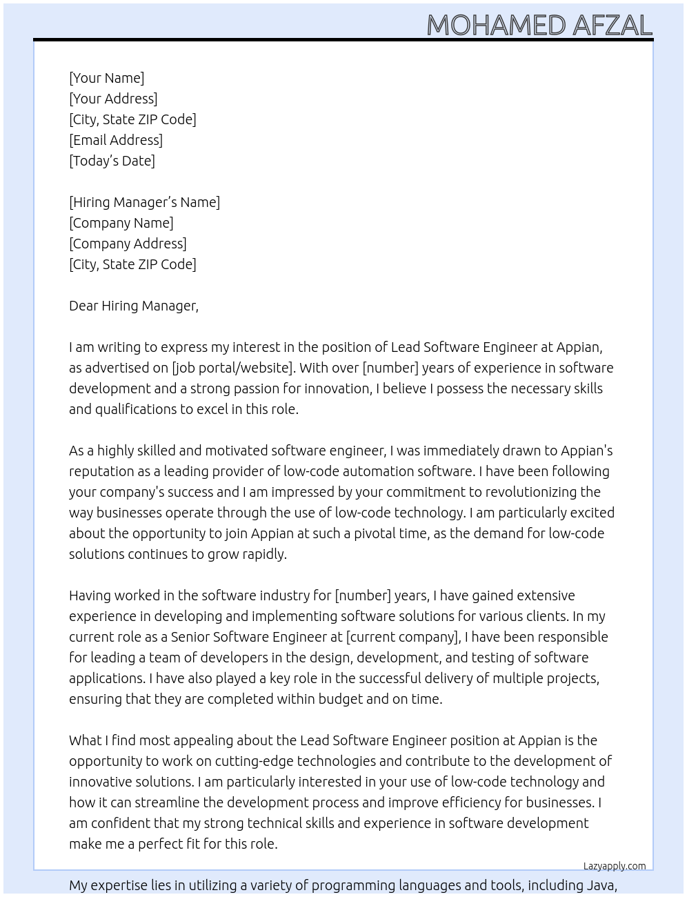 Lead Software Engineer At Appian Cover Letter