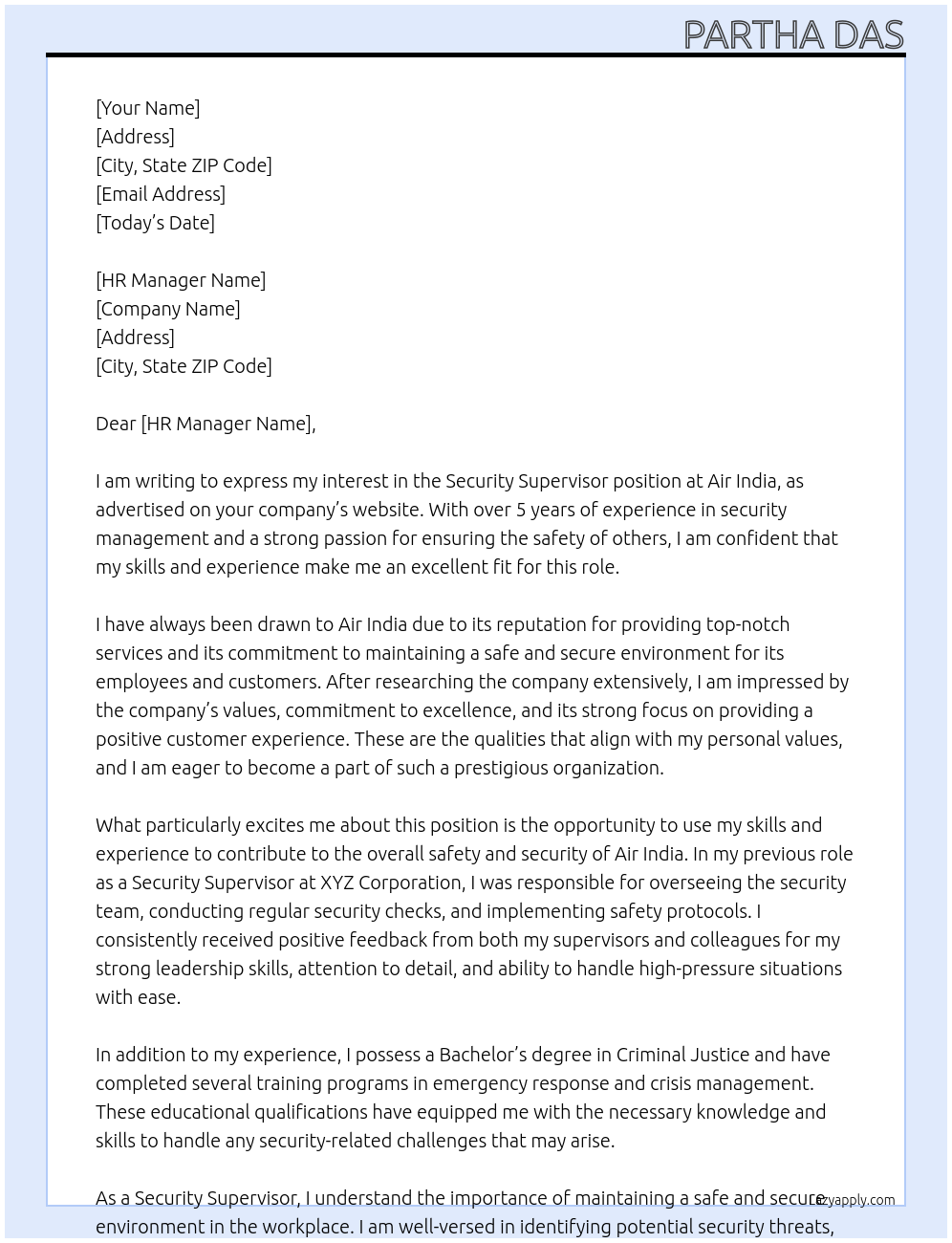 Security Supervisor At Air India Cover Letter