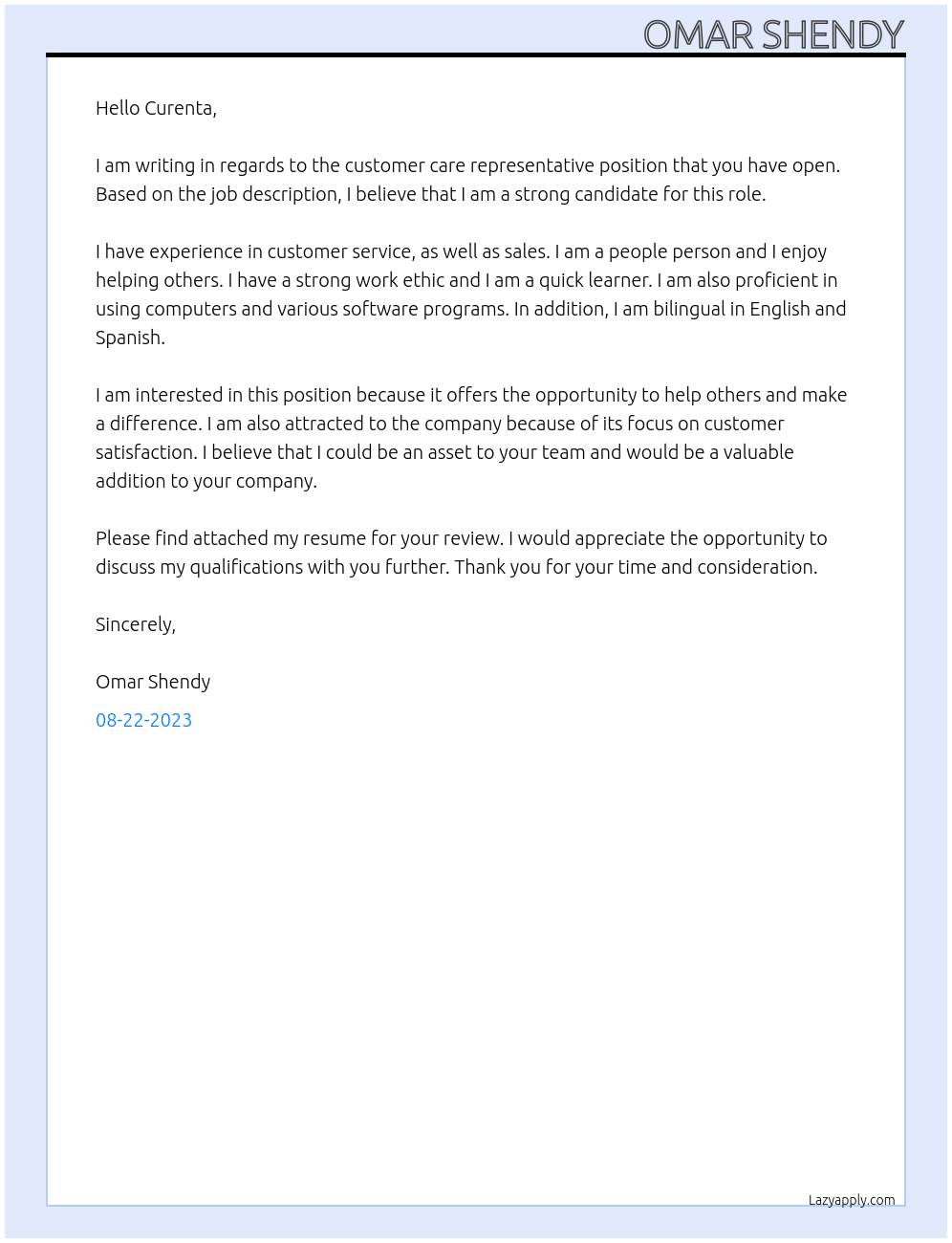 Customer care representative At Curenta Cover Letter