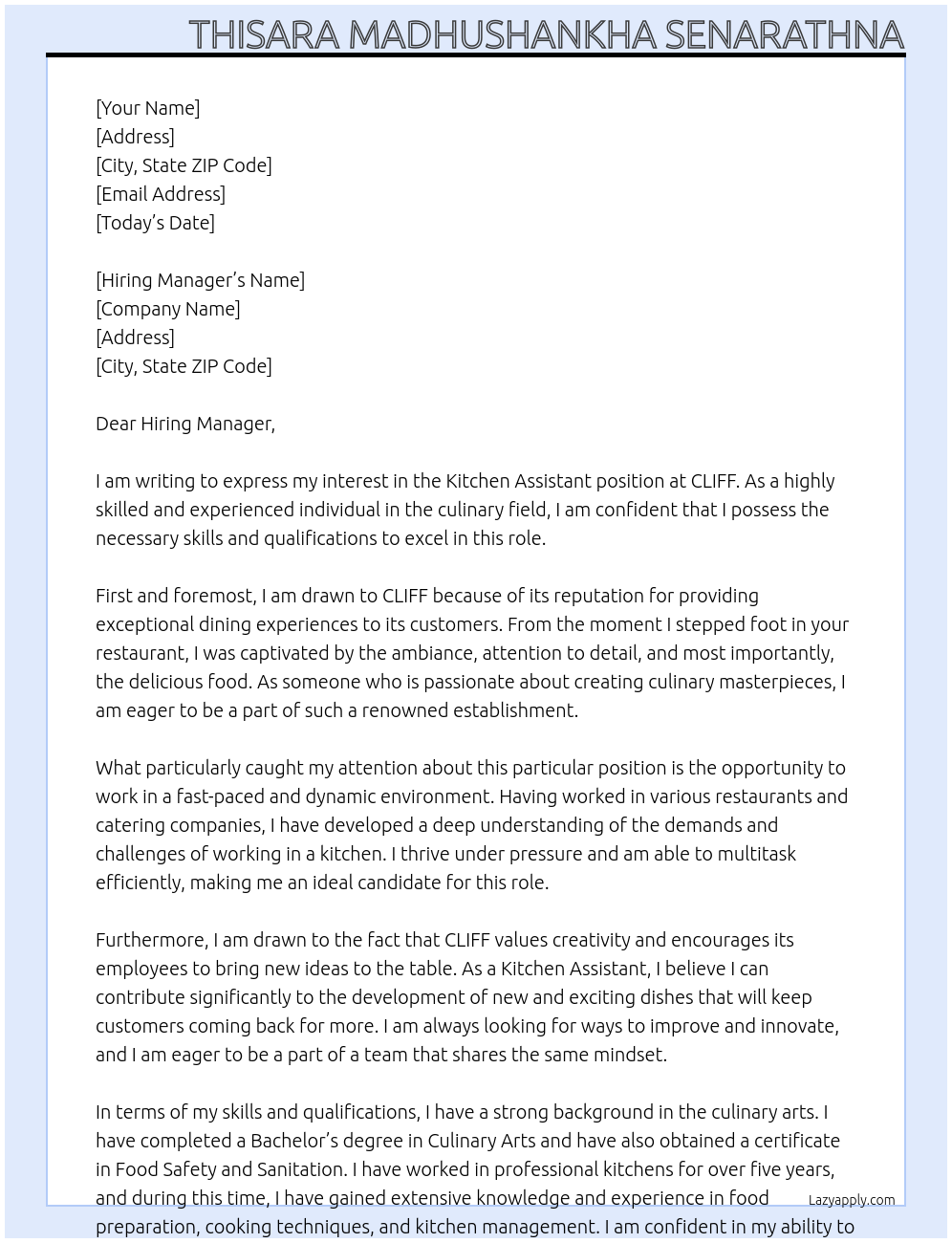 Kitchen Assistant At CLIFF Cover Letter