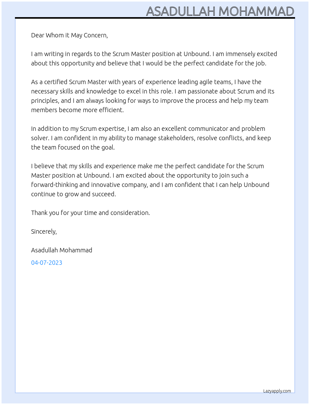 Scrum Master At Unbound Cover Letter