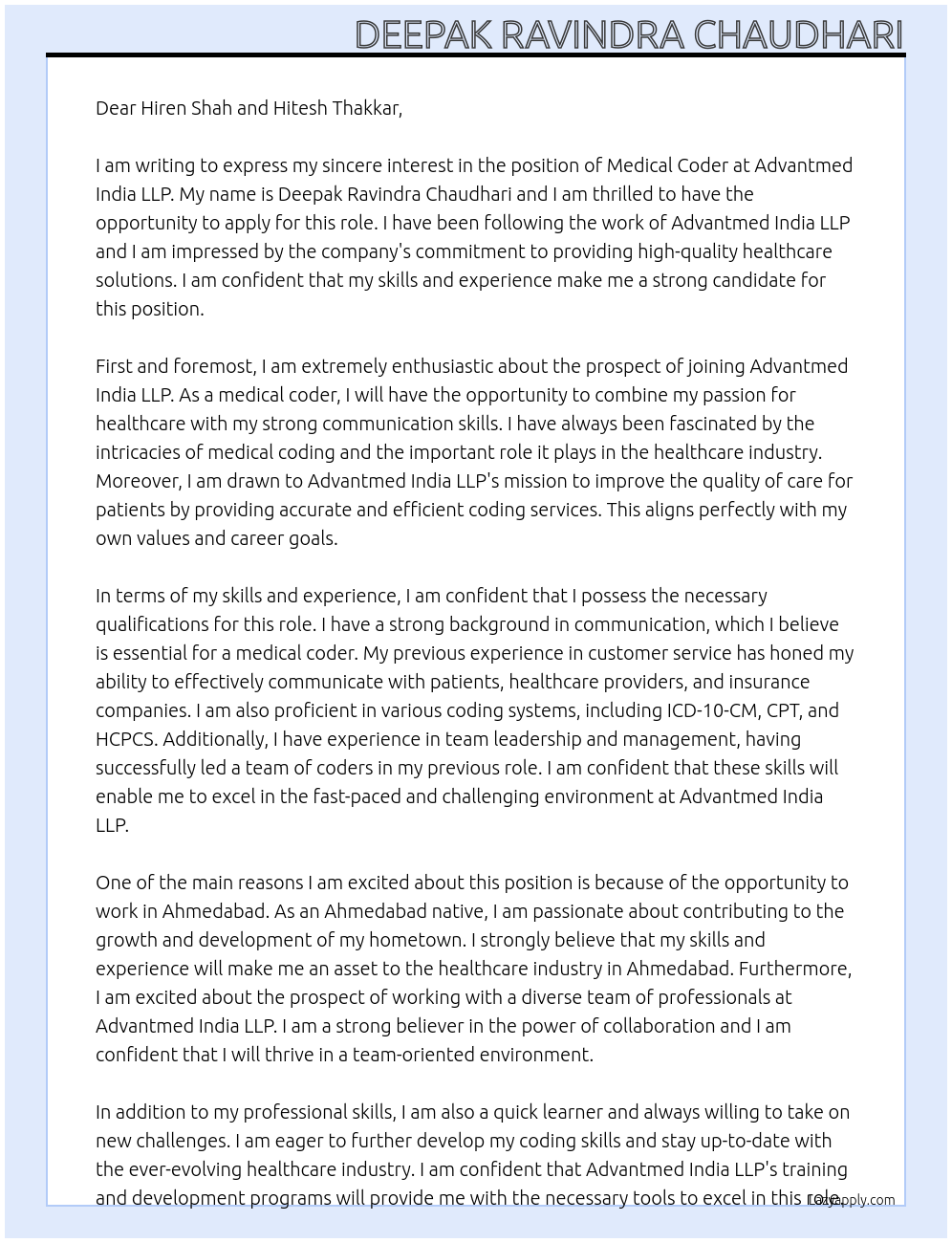 Medical coder At Advantmed India LLP Cover Letter