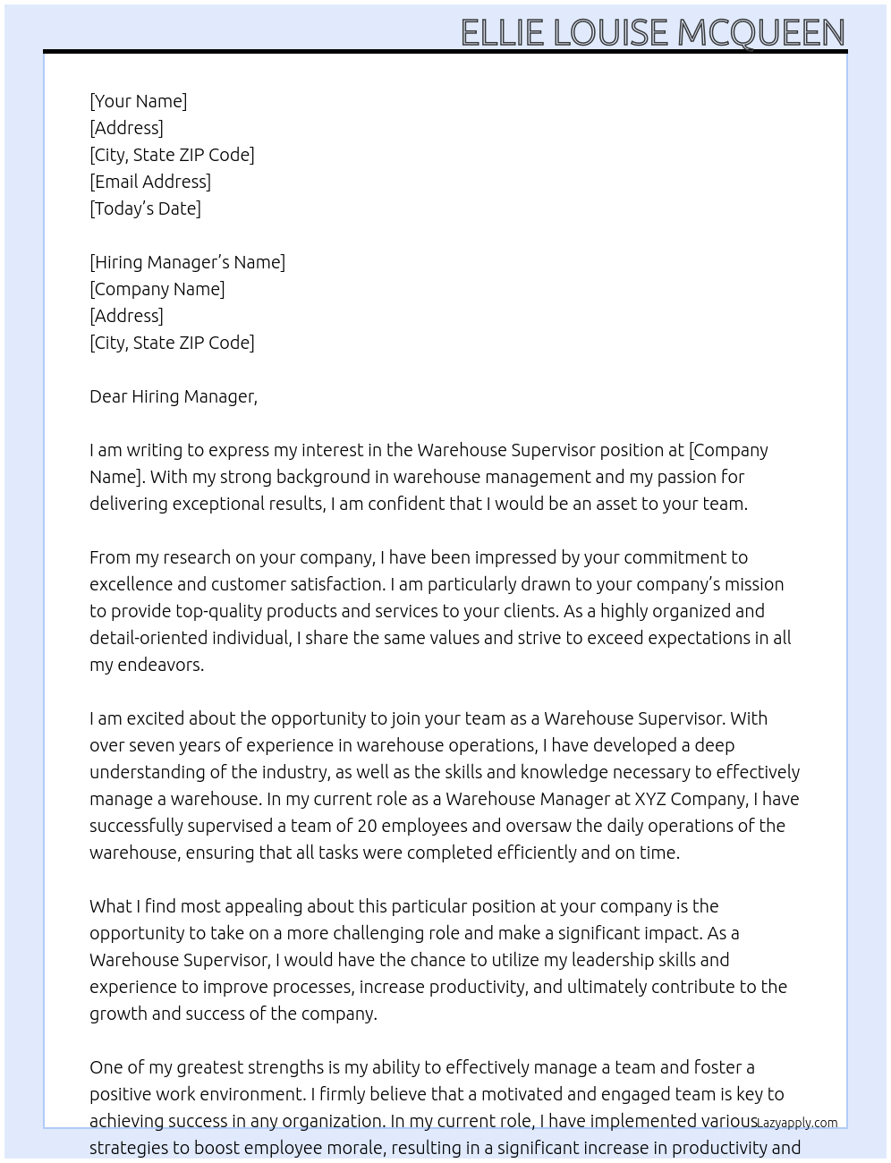 Warehouse supervisor  At N/A Cover Letter