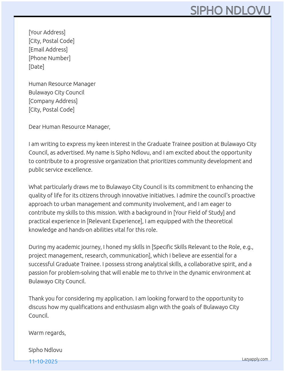 Graduate Trainee At Bulawayo City Council  Cover Letter