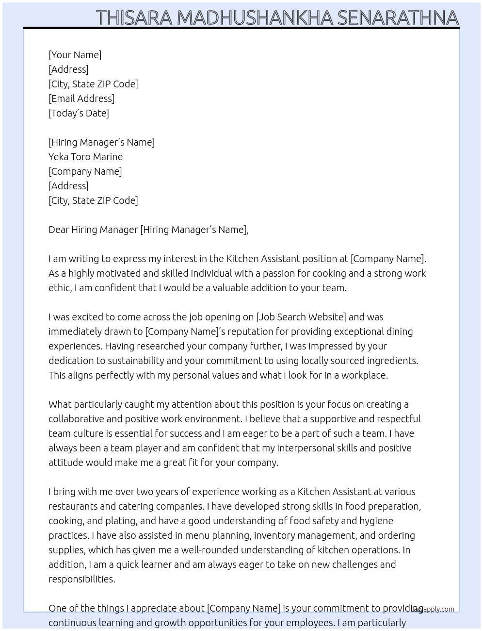 Kitchen Assistant At THE COOPERATIVE IN GÖTEBORG AB Cover Letter