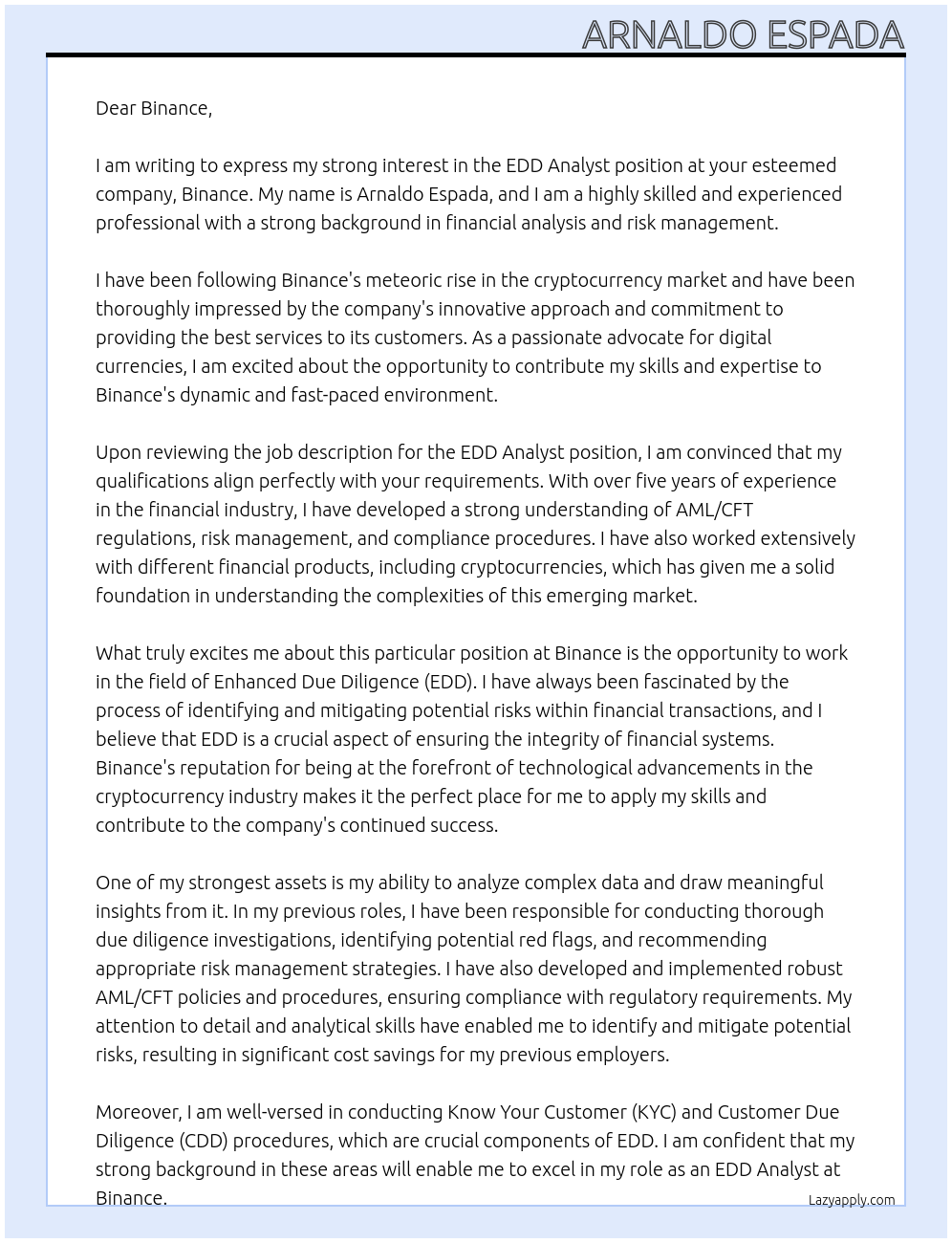 EDD Analyst At Binance Cover Letter