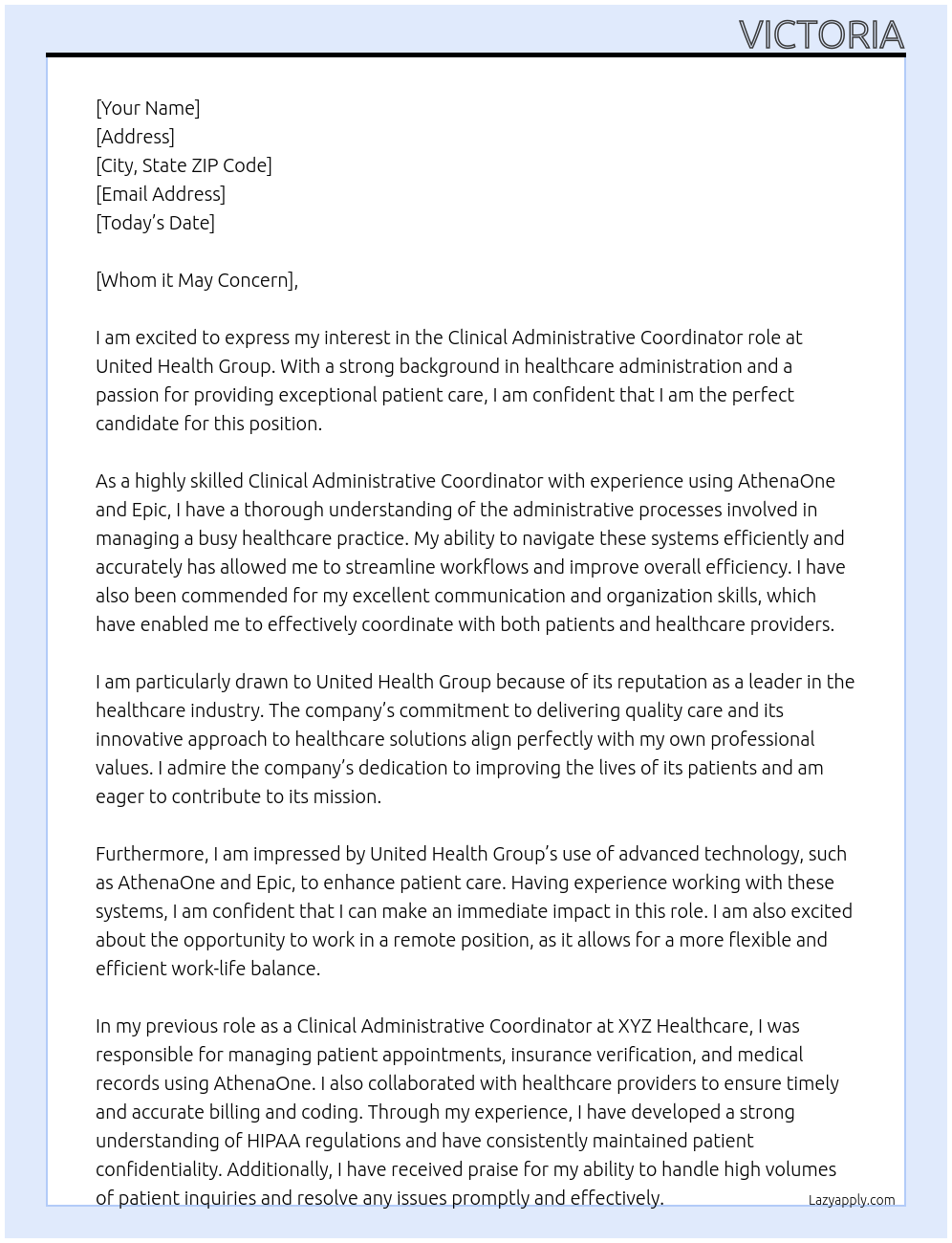 Clinical Administrative Coordinator At United Health Group Cover Letter