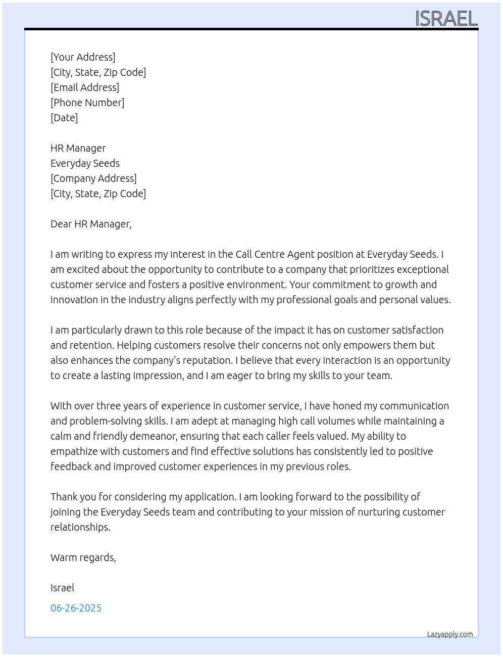 Call centre agent  At Everyday seeds Cover Letter