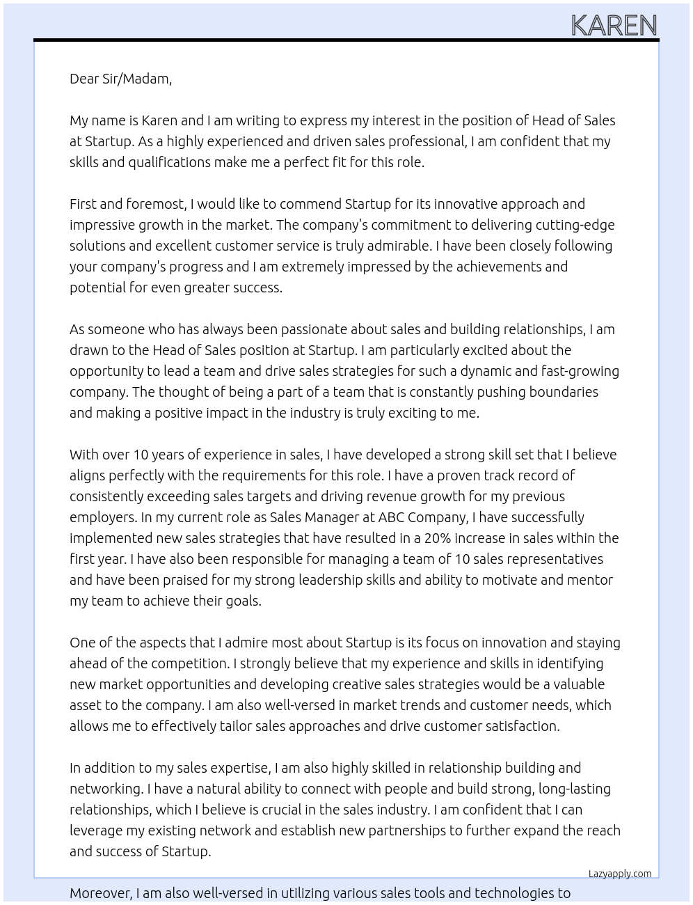 Head of Sales At Startup Cover Letter