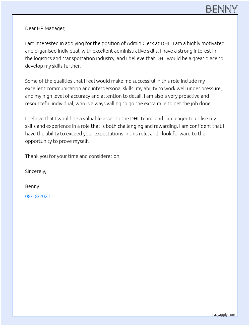 Admin clerk At DHL Cover Letter