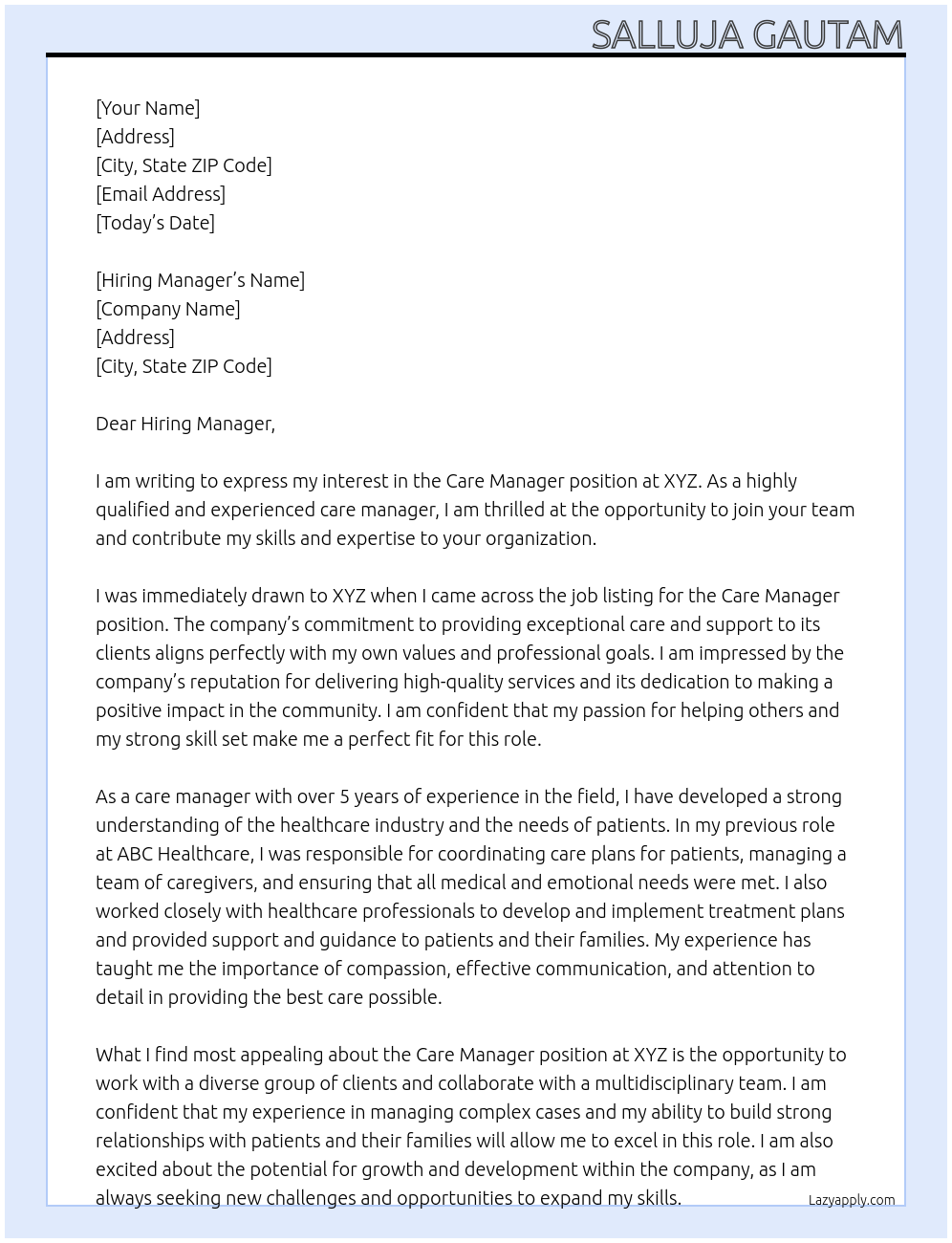 care manager At XYZ Cover Letter
