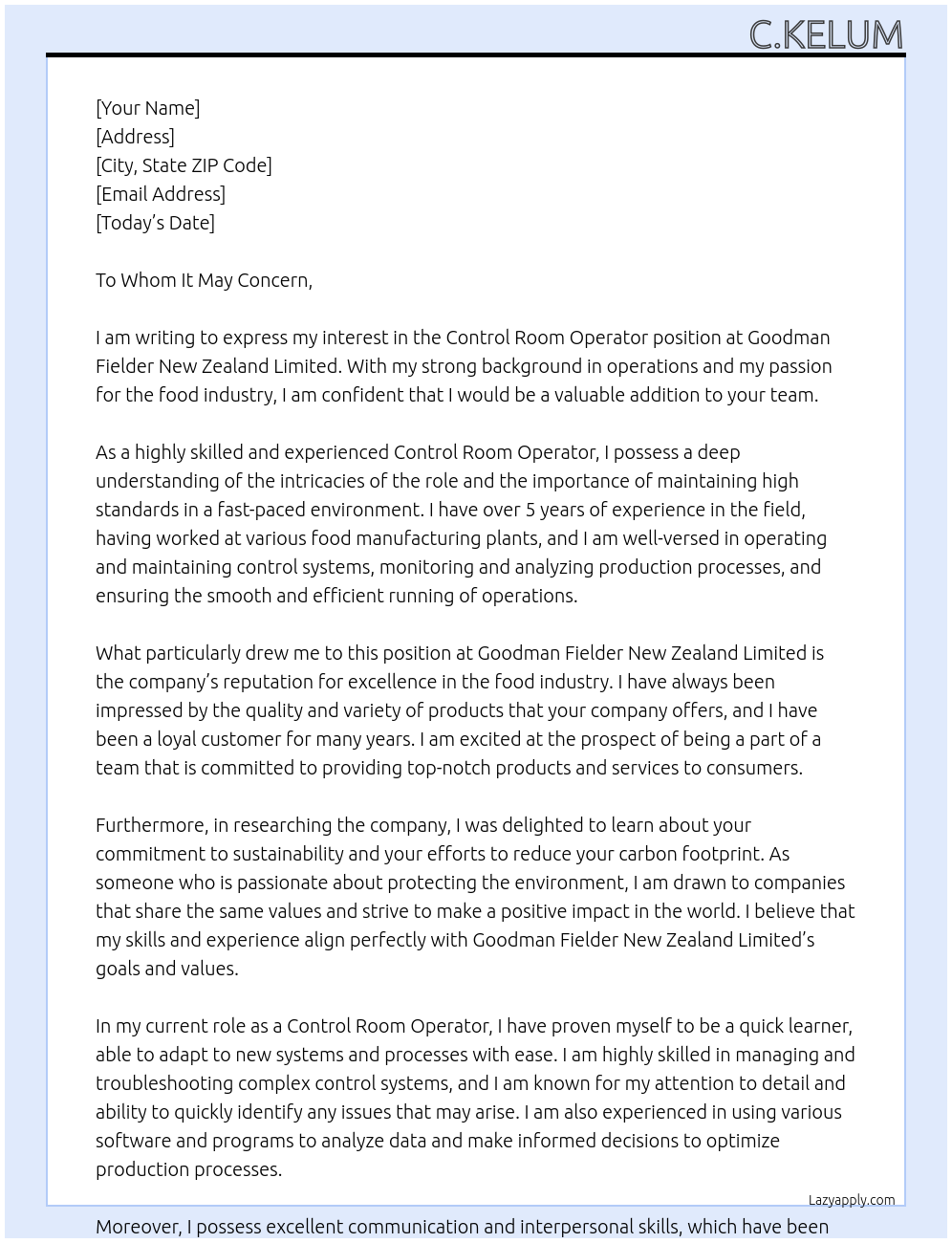 Control Room Operator At Goodman Fielder New Zealand Limited Cover Letter